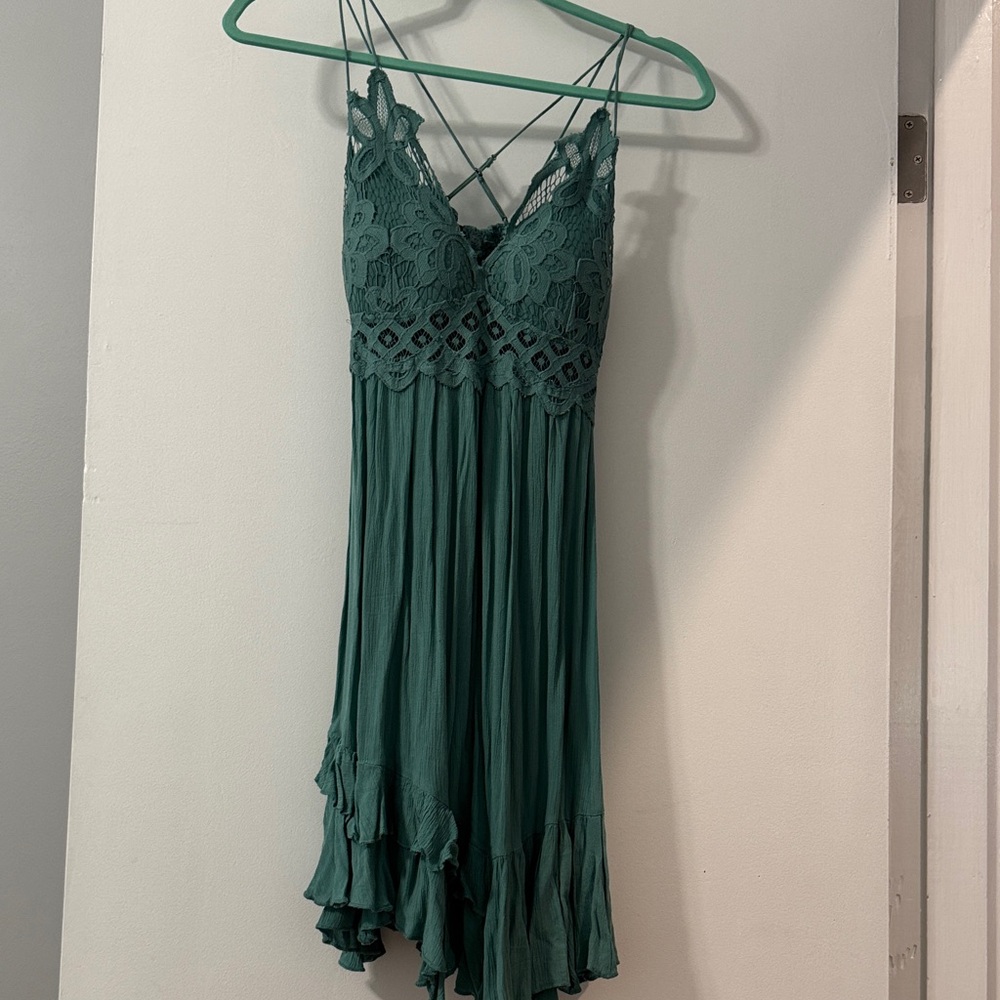 Free people teal Lace Trim Dress